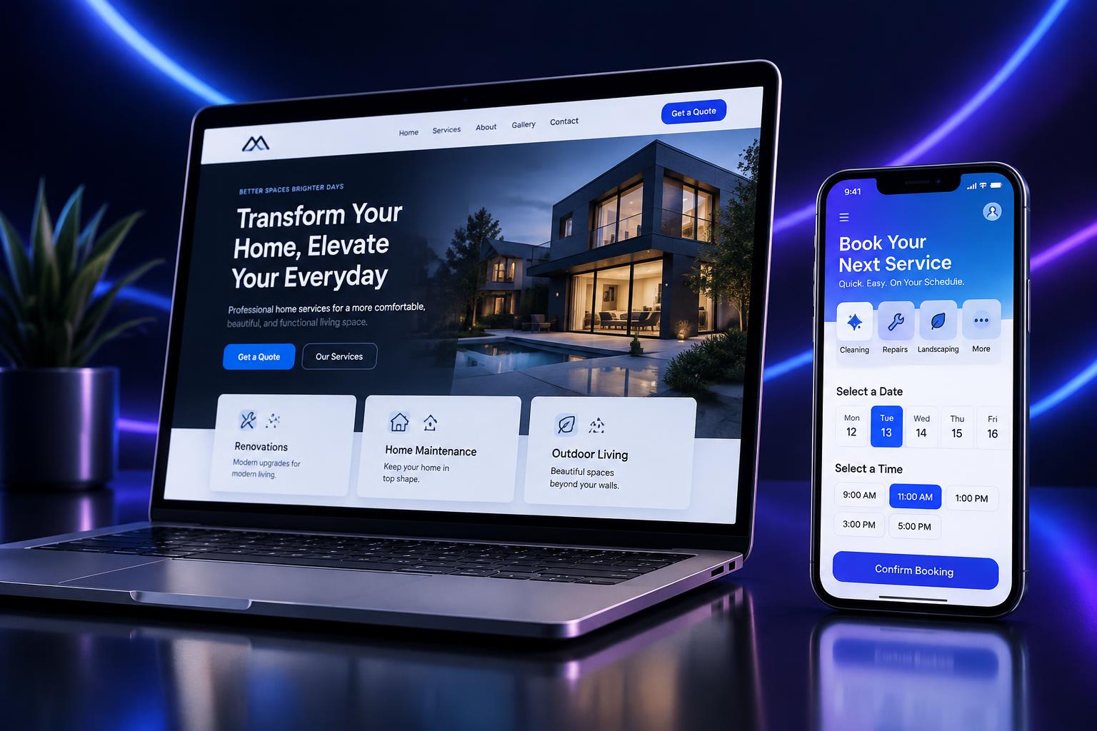 Website on a laptop and booking app on a phone